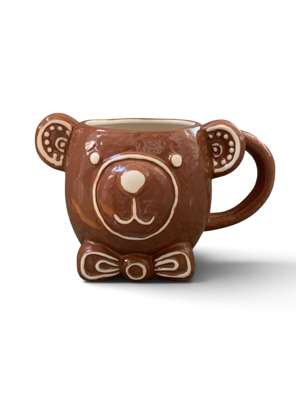 Pottery Barn Gingerbread Teddy Bear Mug 26oz 3D Bow Tie Stoneware Holiday Coffee